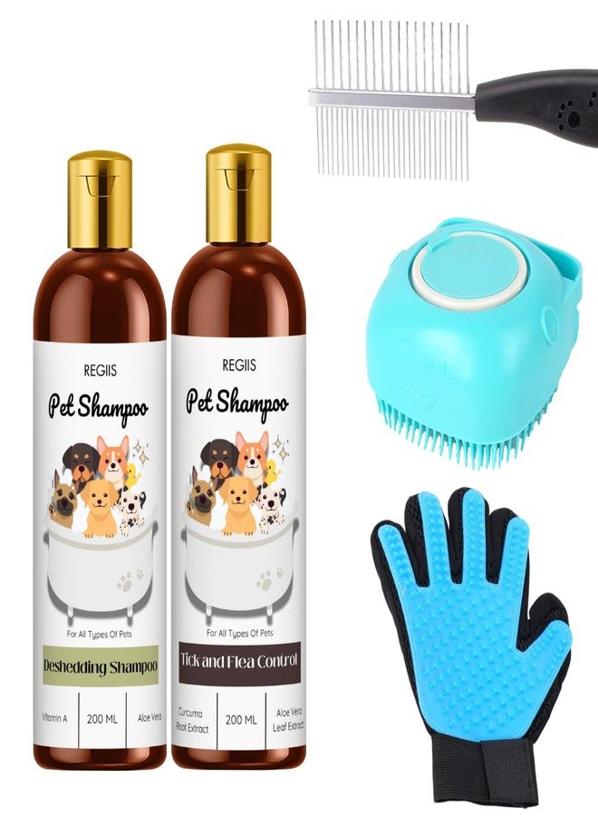 REGIIS Pet Grooming Set with Deshedding Shampoo, Tick and Flea Control, 200ml Each, Includes Brush Comb and Grooming Glove(Pack of 5) - Image 1